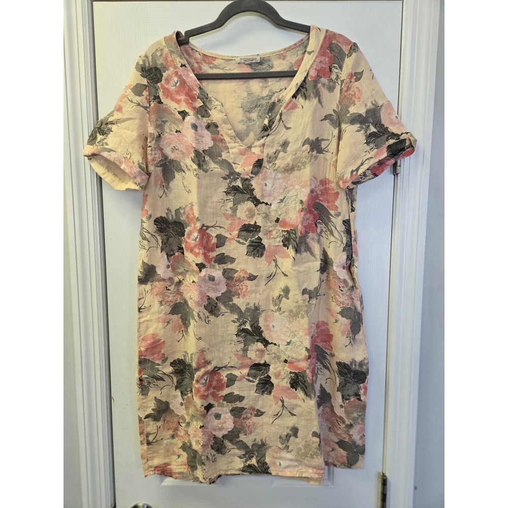 Marisa & Marie Italy‎ Floral Linen Shift Dress Pink Beige Size M Lagenlook
